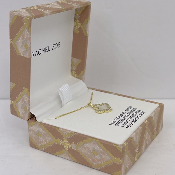 RACHEL ZOE, STERLING SILVER 18KT GOLD PLATED MOTHER OF PEARL CLOVER NECKLACE, CZ - Picture 3 of 16